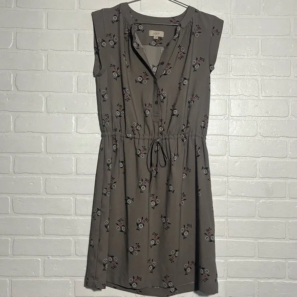LOFT Womens Dress Taupe Gray Floral Tunic Drawstring Waist Bohemian Small - Picture 1 of 9